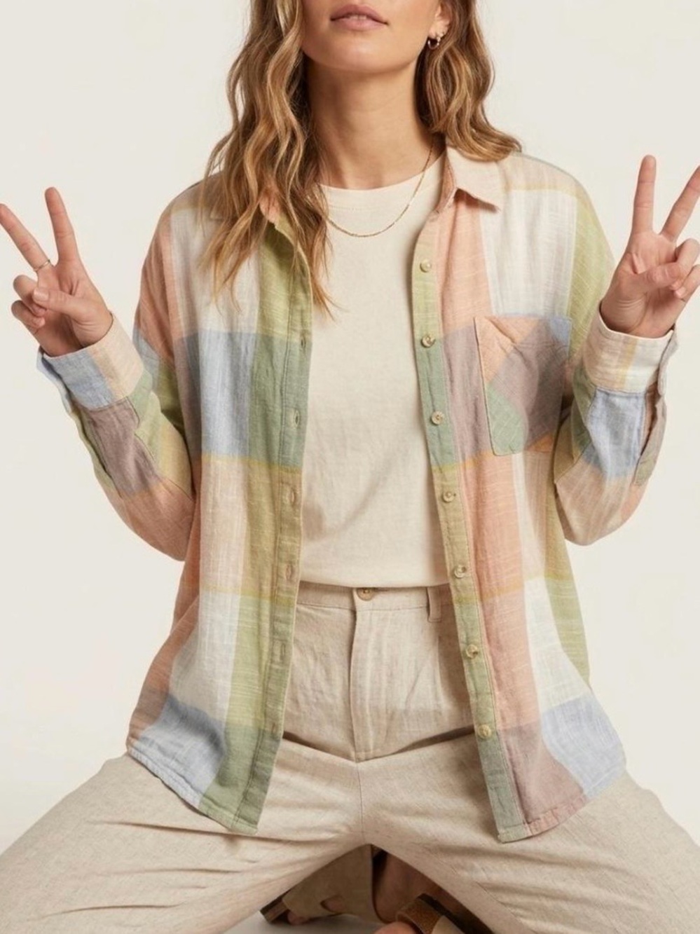 Billabong Pastel Plaid Short-Sleeve Shirt - Peach, Sage, Sky Blue, Cream